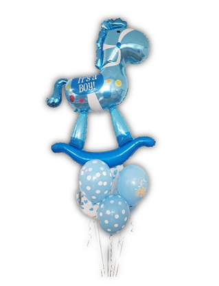 Balónová kytica k narodeniu dieťaťa Hojdací koník modrý