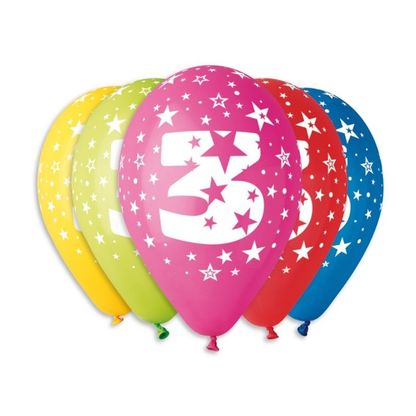 Balóny s číslom 3 Hviezdy 30cm 5ks