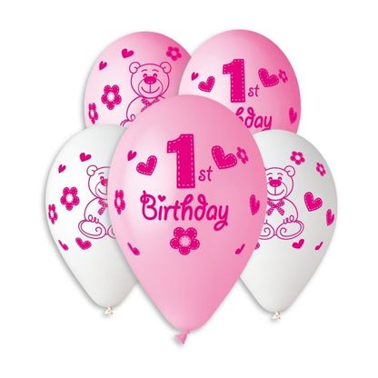 Balóny 1.narodeniny dievčatko Macík 30cm 5ks