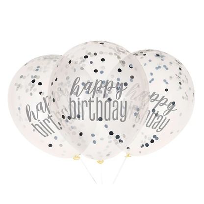 Balóny s konfetami Happy Birthday čierné 30cm 6ks