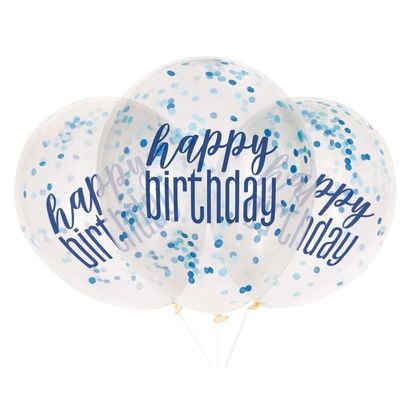 Balóny s konfetami Happy Birthday modré 30cm 6ks