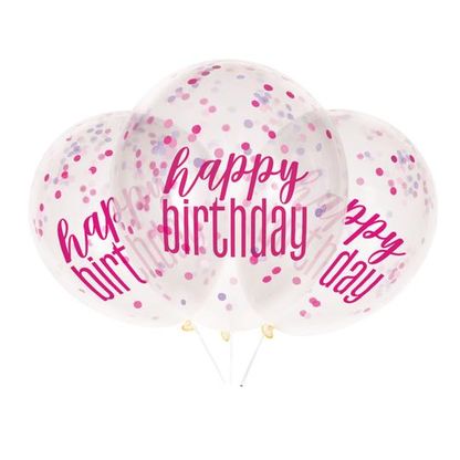 Balóny s konfetami Happy Birthday ružové 30cm 6ks