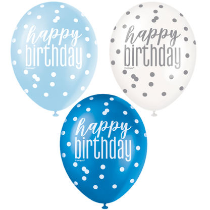 Balóny Happy Birthday modrý mix 30cm 6ks