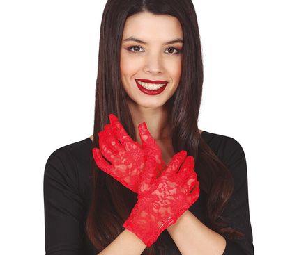 Dámske rukavičky čipkované červené 22cm