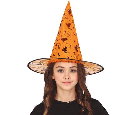 Detský čarodejnícky klobúk oranžový s čarodejnicami