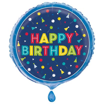 Fóliový balón Happy Birthday farebné klobúčiky 45cm