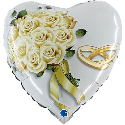 Fóliový balón srdce Biele ruže a prsteň 46cm
