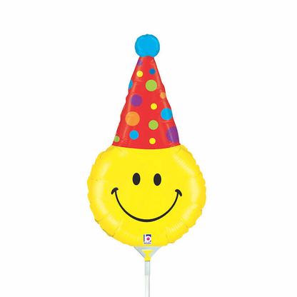 Mini fóliový balón Smajlík s party klobúčikom