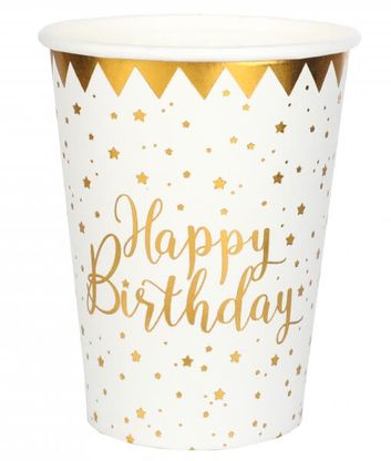 Papierové poháre Happy Birthday bielo-zlaté 270ml 10ks