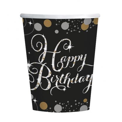 Papierové poháre Happy Birthday čierno-zlaté 266ml 8ks