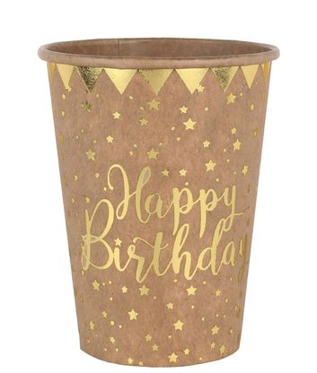 Papierové poháre Happy Birthday hnedo-zlaté 270ml 10ks