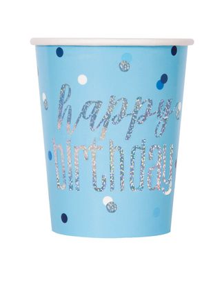 Papierové poháre Happy Birthday modrý 270ml 8ks