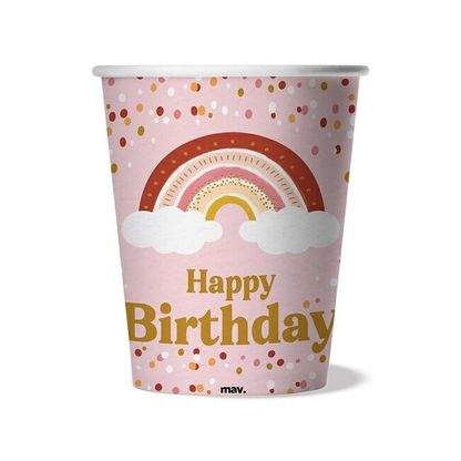 Papierové poháre Happy Birthday Rosegold dúha 250ml 8ks