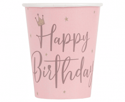 Papierové poháre Happy Birthday svetloružový 270ml 8ks