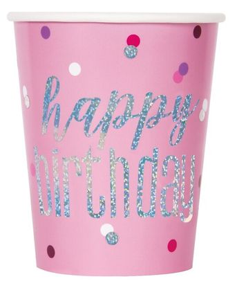 Papierové poháre Happy Birthday ružový 270ml 8ks