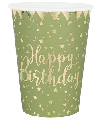 Papierové poháre Happy Birthday zeleno-zlatý 270ml 10ks
