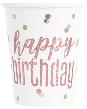 Papierové poháre Happy Birthday ružovo-zlatý 8ks 270ml