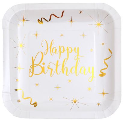 Papierové taniere Happy Birthday bielo-zlaté 22cm 10ks