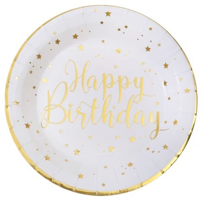 Papierové taniere Happy Birthday bielo-zlaté 23cm 10ks