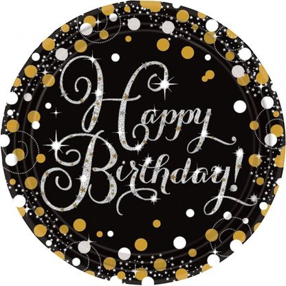 Papierové taniere Happy Birthday čierno-zlaté 22cm 8ks