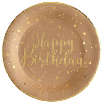 Papierové taniere Happy Birthday hnedo-zlaté 23cm 10ks