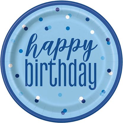 Papierové taniere Happy Birthday modré 23cm 8ks