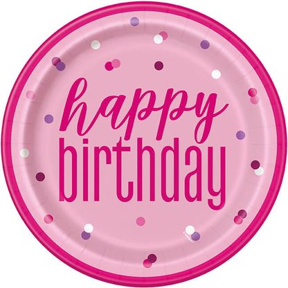 Papierové taniere Happy Birthday ružové 23cm 8ks