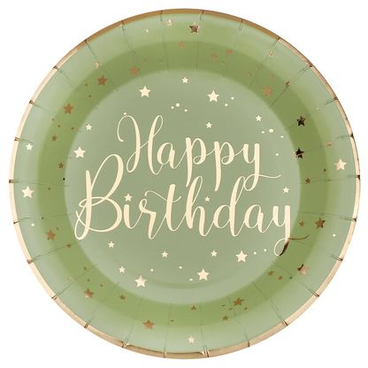 Papierové taniere Happy Birthday zeleno-zlaté 23cm 10ks