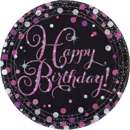 Papierové taniere Happy Birthday čierno-ružové 22cm 8ks