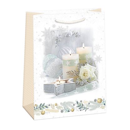 Vianočná darčeková taška Gule a sviečky strieborno-biele 34,5x48cm