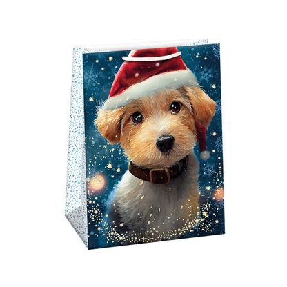 Vianočná darčeková taška Pes s mikulášskou čiapkou 23x32x12,5cm