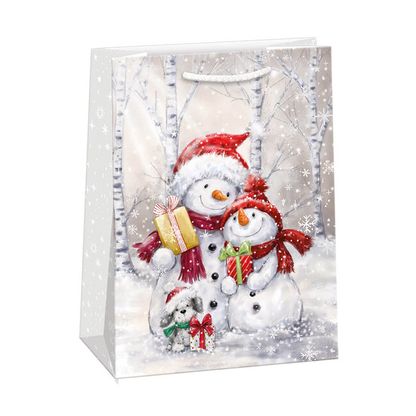 Vianočná darčeková taška Snehuliaci s darčekmi 70x47x20cm