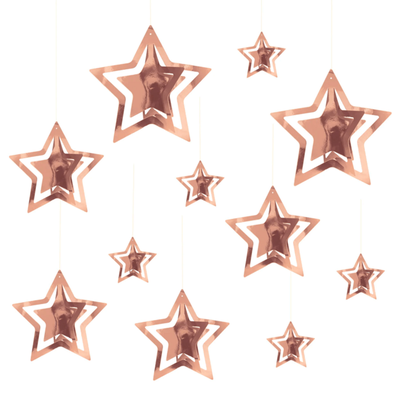 Visiace dekorácie Ružovo-zlaté hviezdy s 3D efektom 11ks