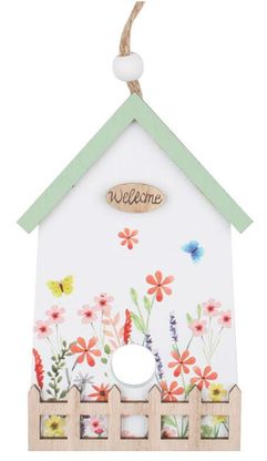 Visiaci drevený domček s kvetinami 12cm