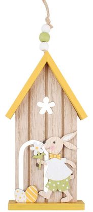 Visiaci drevený domček so zajačikom žltý 16cm