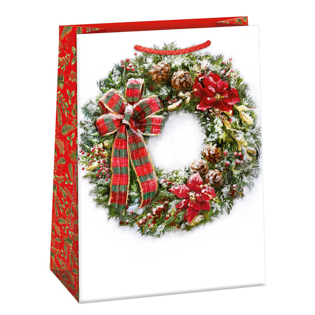 Argus Vianočná darčeková taška Vianočný veniec červeno-zelený 34,5x48cm
